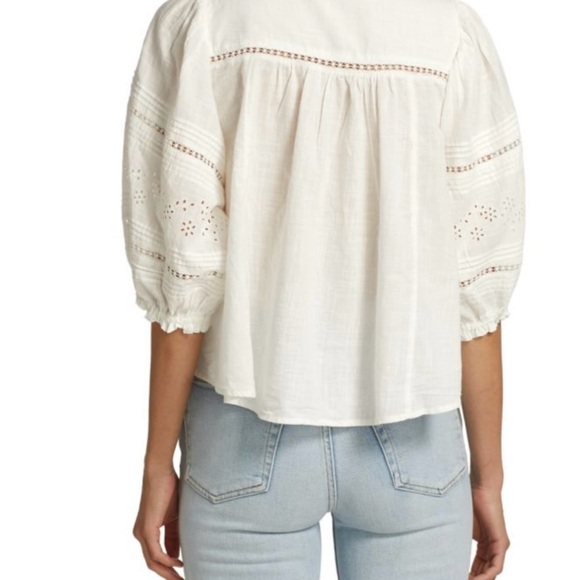 Free People White Eyelet Embroidered Puff Sleeve babydoll Top Blouse Size Small - Picture 5 of 7